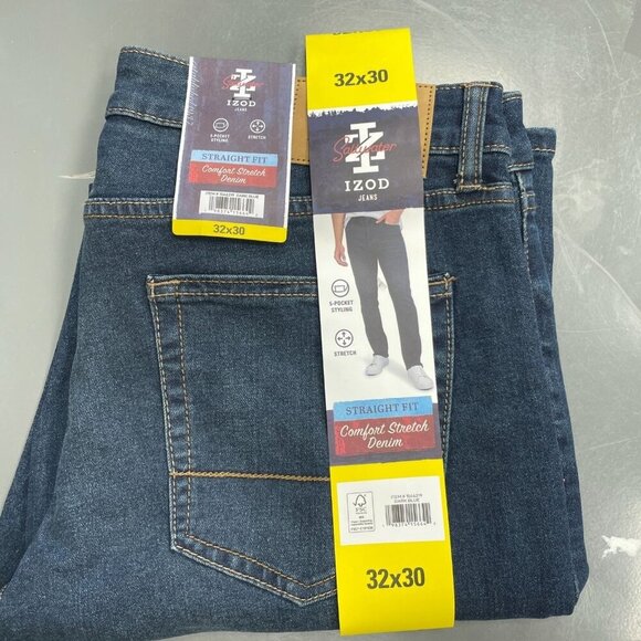 NEW Izod Men's 32x30 Straight Fit Jeans Dark Blue Comfort Stretch Denim - Picture 2 of 8